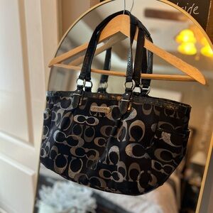 Coach Black Signature Print Tote with Gloss Trim